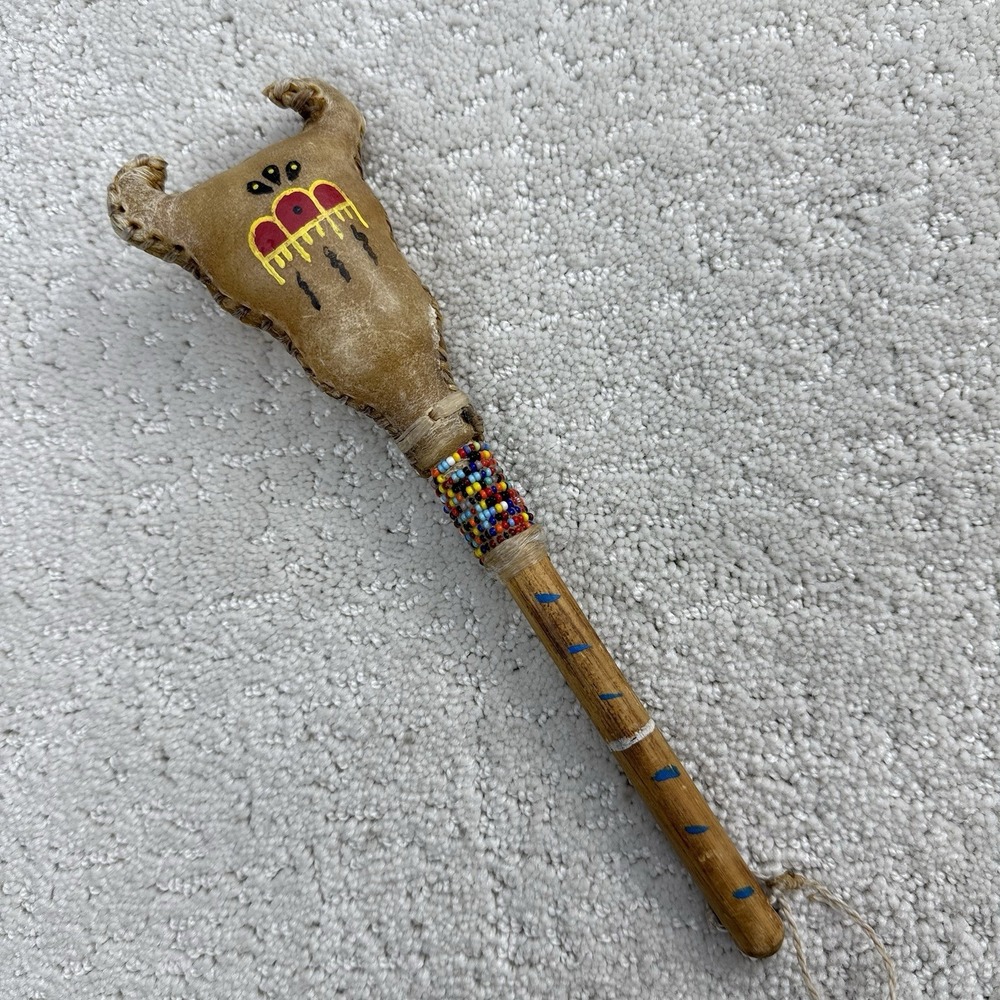 Navajo?‎ Rawhide-Style Beaded Rattle Handmade Leather Decor 9 Inch $29